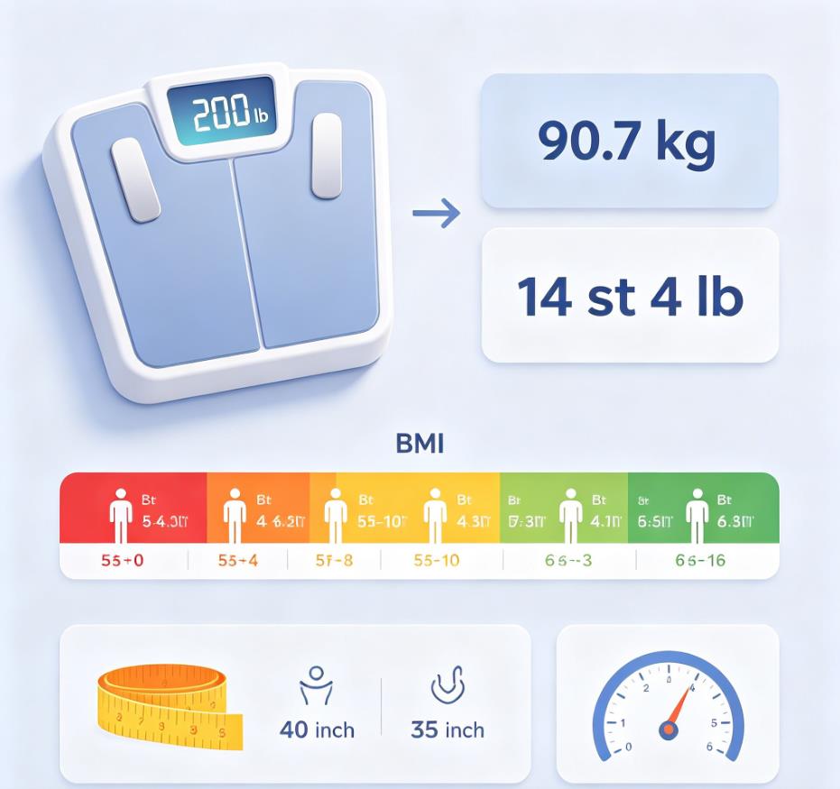 200 pounds in kg conversion chart showing 90.7 kg equivalent, 14 stone 4 lbs, and BMI by height from obese at 5 foot 0 to healthy at 6 foot 6
