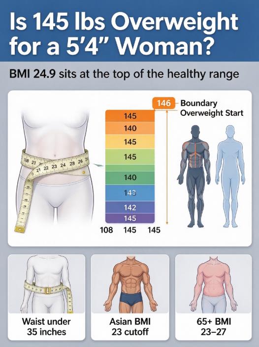 BMI chart for a 5 foot 4 woman showing 145 lbs at the healthy-overweight boundary, waist measurement and Asian and older adult BMI guidelines