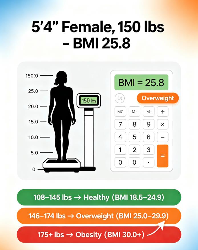5'4" 150 lbs female BMI 25.8: waist size and body fat matter more than the number.