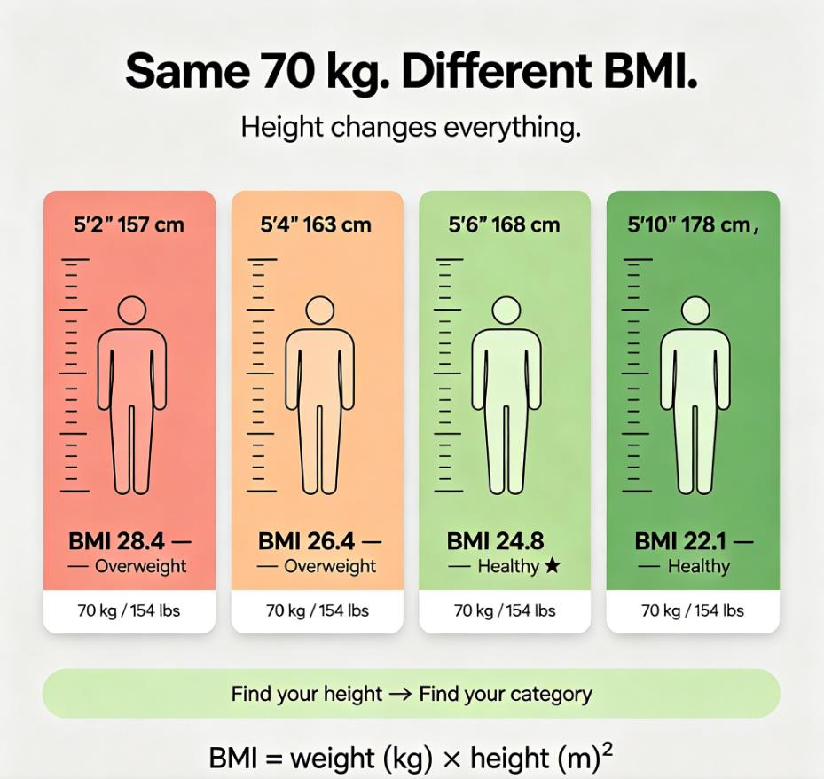 Infographic showing 70 kg (154 lbs) at four heights: 5'2" → BMI 28.4 (overweight), 5'4" → BMI 26.4 (overweight), 5'6" → BMI 24.8 (healthy), 5'10" → BMI 22.1 (healthy). Same weight, different BMI. Infographic showing 70 kg (154 lbs) at four heights: 5'2" → BMI 28.4 (overweight), 5'4" → BMI 26.4 (overweight), 5'6" → BMI 24.8 (healthy), 5'10" → BMI 22.1 (healthy). Same weight, different BMI.