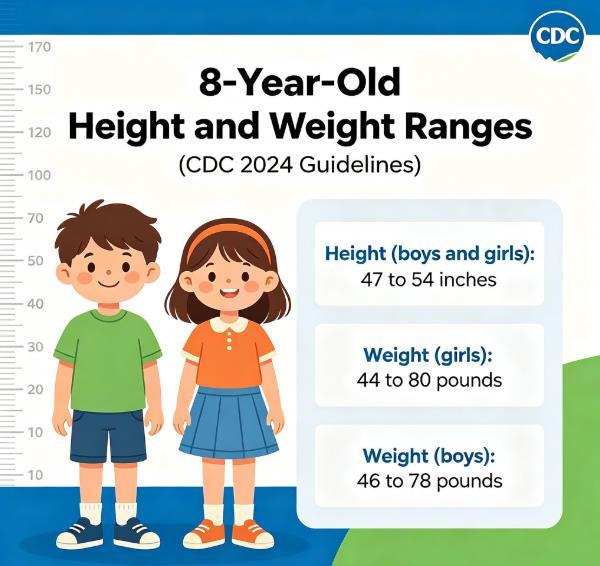 displaying average height and weight ranges for 8-year-old boys and girls based on CDC 2024 growth charts, child BMI percentiles, healthy growth tips and when to consult a pediatrician