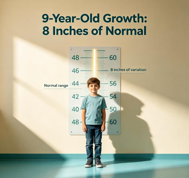 9‑year‑old boy growth visual, doctor‑office height measurement chart 48‑60 inches on beige wall, faceless child shadow showing wide normal height range for boys age nine