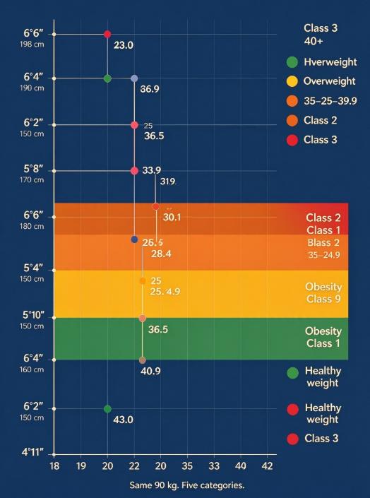 90 kg BMI by height: 40.0 at 4′11″ down to 23.0 at 6′6″, spanning five CDC weight categories Chart of 90 kg BMI across nine heights from 4′11″ at 40.0 to 6′6″ at 23.0, color-coded across five CDC categories from obesity class 3 to healthy weight.
