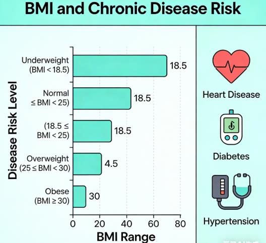 BMI and chronic disease risk infographic: BMI ranges (underweight, normal, overweight, obese) linked to type 2 diabetes, heart disease, and long-term health risks