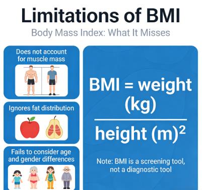 BMI limitations explained: Infographic showing key flaws of BMI in distinguishing muscle vs fat, age/gender differences, and body fat distribution for health assessments