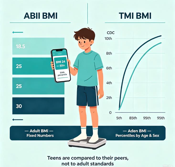 Split graphic comparing adult BMI fixed cutoffs vs teen BMI percentiles by age and sex, with a teenager checking results on a smartphone