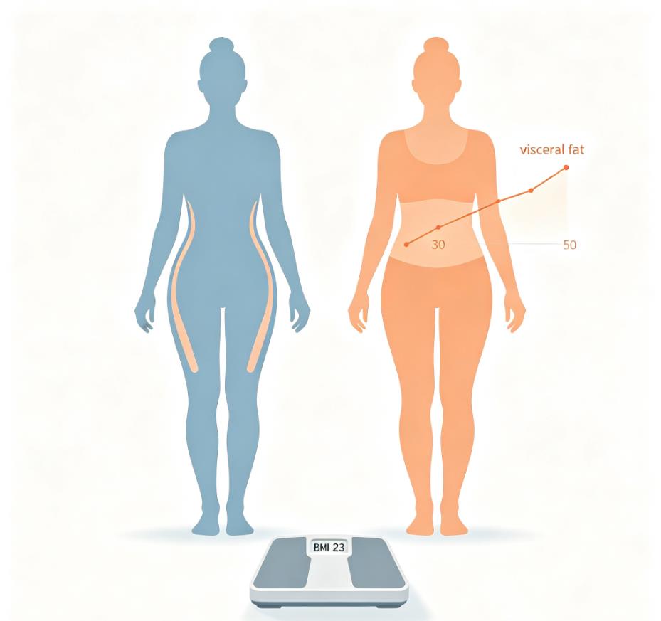 How perimenopause changes body composition: same BMI, different fat distribution — visceral fat increases while scale weight stays the same