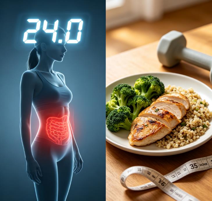 Visual contrast between normal BMI 24.0 and hidden health risks: Slim appearance with visceral fat on the left versus a balanced diet and strength training for metabolic health on the right