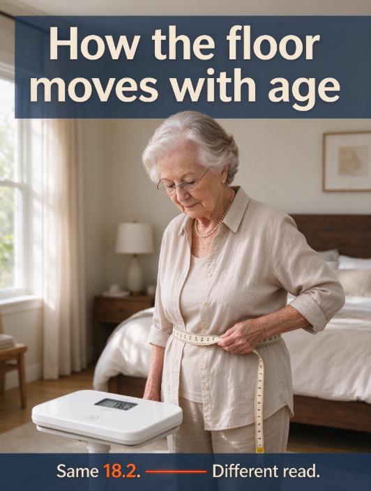 Older woman beside bathroom scale holding waist tape, illustrating why BMI 18.2 needs age-adjusted review after 65