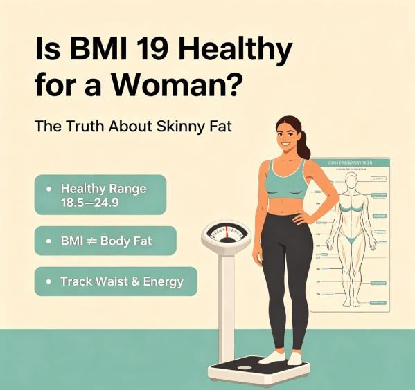 Infographic answering whether BMI 19 is healthy for women, with facts about skinny fat and body composition risks