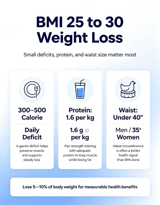 BMI 25 to 30 weight loss infographic: a 300-500 calorie daily deficit, protein 1.6g per kg, and waist under 40 inches for men or 35 for women