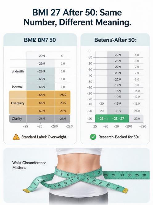 BMI 27 After 50: Same Number, Different Meaning BMI 27 for women over 50 infographic comparing standard overweight label vs age‑adjusted protective range with waist measurement