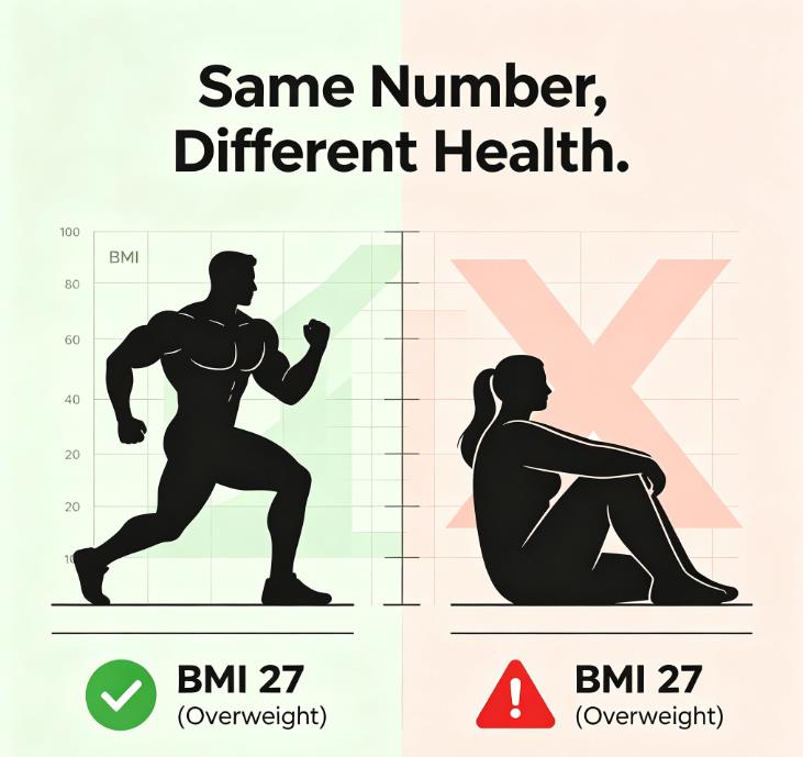 Comparison of BMI limitations: Athlete with high muscle mass vs sedentary person with high fat mass at the same BMI number. Comparison of BMI limitations: Athlete with high muscle mass vs sedentary person with high fat mass at the same BMI number.
