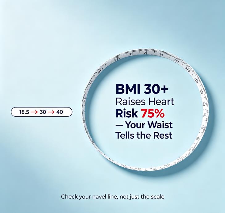 BMI and heart disease risk infographic: BMI 30 raises heart failure risk 75 percent, waist circumference predicts heart health better than BMI BMI and heart disease risk infographic: BMI 30 raises heart failure risk 75 percent, waist circumference predicts heart health better than BMI