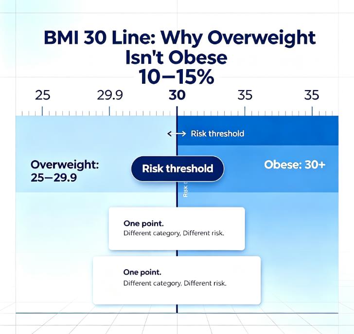 infographic‑BMI 30 line: why overweight isn't obese, compares BMI 25‑29.9 overweight warning versus BMI 30+ obesity risk threshold, blue‑white clean health graphic, screening tool not diagnosis