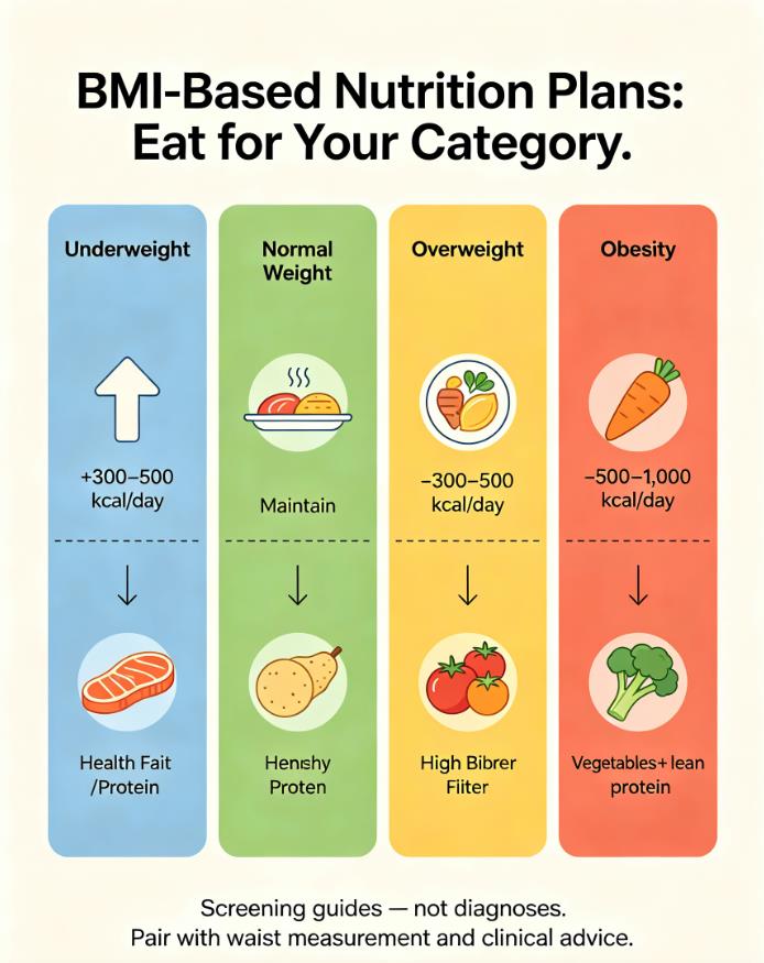 BMI-based nutrition plans infographic: calorie adjustments and key food focus for underweight, normal weight, overweight, and obesity categories.