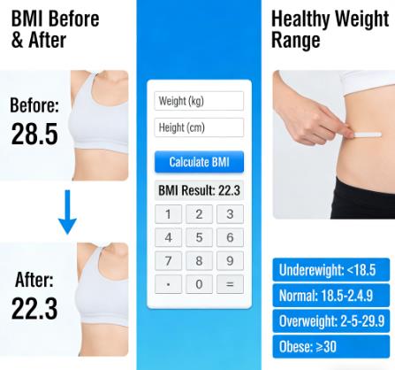 BMI before and after progress tracking infographic with healthy weight guide