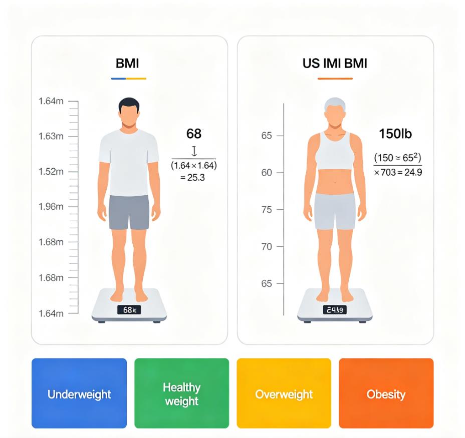 Step-by-step BMI calculation setup: digital scale, metal tape measure, and the BMI formula written on notepad
