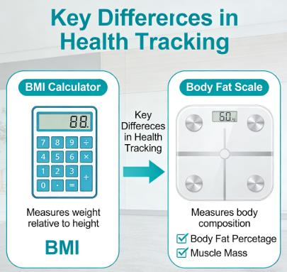 BMI calculator vs body fat scale comparison infographic for health tracking