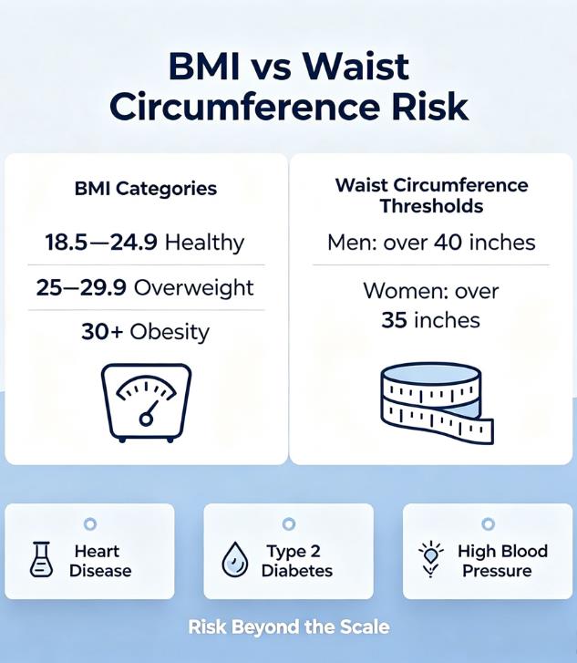 Infographic comparing BMI categories with waist circumference thresholds: 40 inches for men and 35 inches for women, highlighting risk factors beyond the scale.