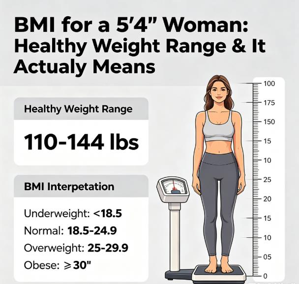 BMI for 5'4 woman: Healthy weight range chart showing 108-145 lbs for 5 foot 4 female with waist measurement guide