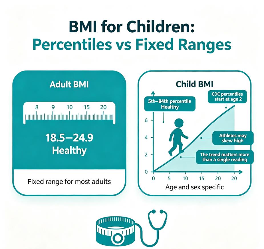 BMI for children CDC percentile chart showing 5th to 84th percentile healthy range with age and sex-specific curves, compared to adult fixed BMI scale