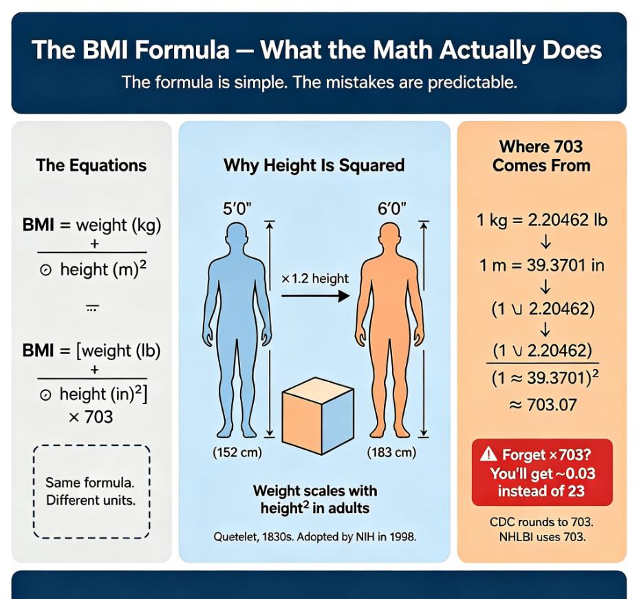 Infographic of BMI formula: metric (kg ÷ m²) and imperial (lb ÷ in² × 703). Explains why height is squared (Quetelet, 1830s) and where 703 comes from (conversion constant ≈ 703.07). Warning: forgetting ×703 yields 0.03 instead of 23. Suitable for health education.