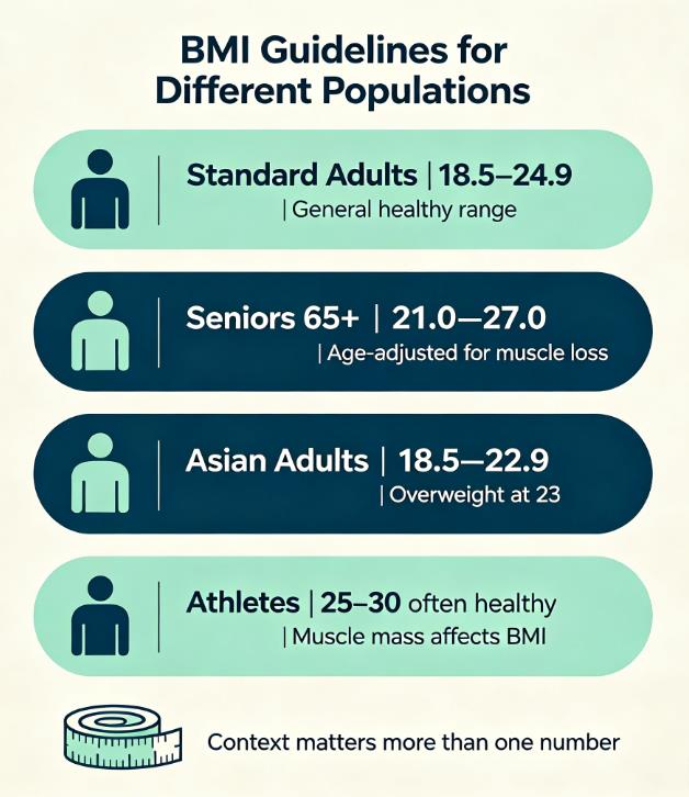 BMI guidelines comparison infographic showing healthy BMI ranges for standard adults (18.5–24.9), seniors (21.0–27.0), Asian adults (18.5–22.9), and athletes (25–30 often healthy), highlighting that BMI interpretation depends on age, ethnicity, and muscle mass.