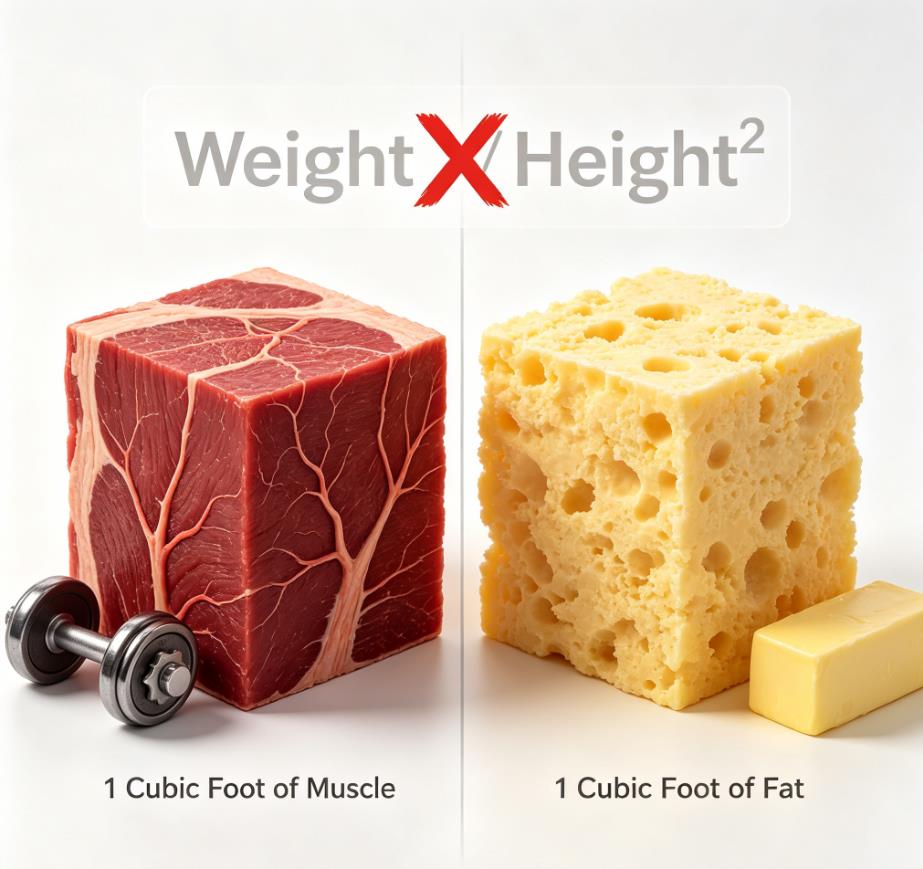 Visual comparison of equal volumes of dense red muscle tissue versus fluffy yellow body fat, illustrating why BMI cannot distinguish between the two. Visual comparison of equal volumes of dense red muscle tissue versus fluffy yellow body fat, illustrating why BMI cannot distinguish between the two.