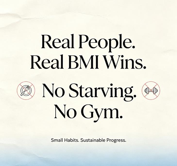 Real BMI improvement success stories showing weight loss through small daily habits, not extreme diets