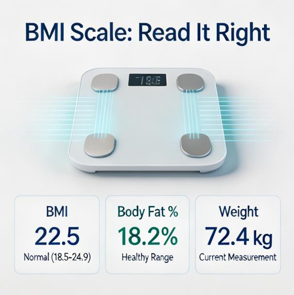 BMI Scale Read It Right professional infographic showing smart body composition scale with accurate BMI metrics and hydration awareness guide