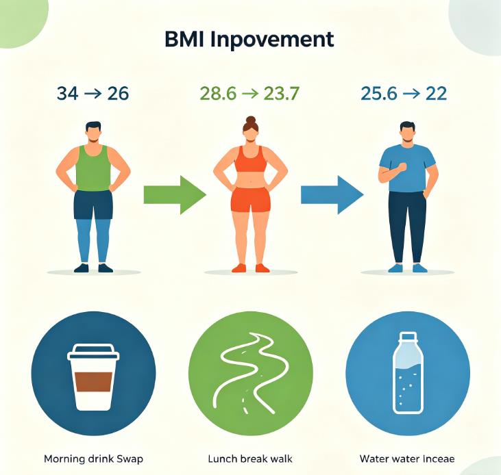 Three BMI success stories from real people who improved their health through small, sustainable habits without extreme diets. BMI changes from 34 to 26, 28.6 to 23.7, and 25.6 to 22 shown with simple habit icons like swapping coffee, walking, and drinking water.