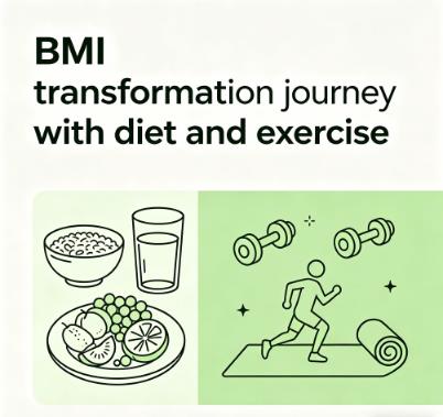 bmi transformation journey with diet and exercise, healthy food and moderate workout illustration