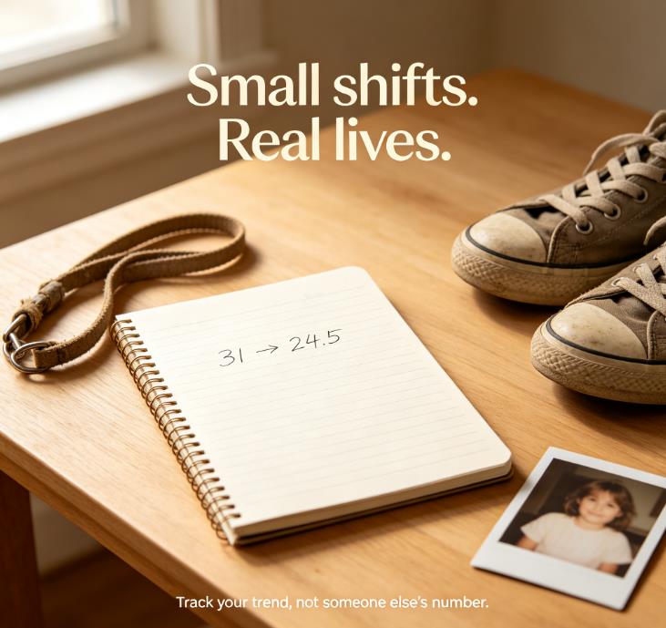 Real BMI transformation stories: handwritten BMI drop from 31 to 24, dog leash and walking shoes representing sustainable change