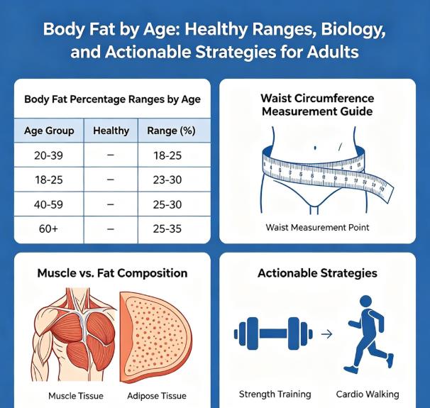 Body fat by age infographic showing healthy ranges for men and women, waist circumference thresholds, and actionable strategies for metabolic health