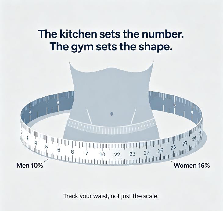 minimalist illustration, measuring‑tape marked Men 10% Women 16%, faceless torso silhouette with faint abs, blue‑grey. Body fat percentage for abs men vs women graphic
