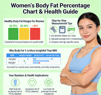 Body fat percentage chart for women with healthy ranges, measurement steps and BMI comparison for female body composition health