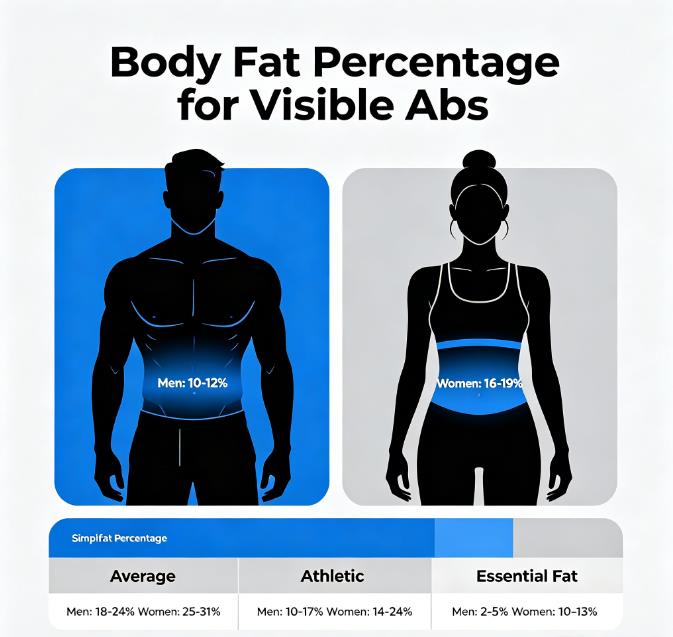 infographic showing body fat percentage ranges for visible abs in men and women, ACE fitness standards, safe fat loss tips and body fat measurement guide