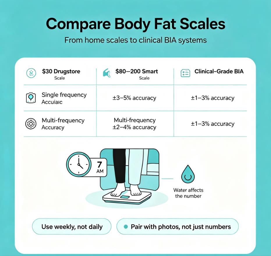Do body fat scales work infographic comparing three types of BIA scales by price and accuracy, showing hydration affects readings and weekly tracking pairs best with progress photos.