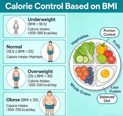 Calorie control based on BMI visual showing science-backed weight management tips and BMI category guidelines Calorie control based on BMI visual showing science-backed weight management tips and BMI category guidelines