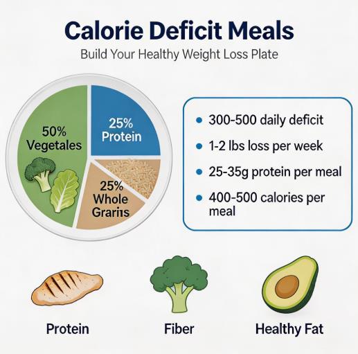 Calorie deficit meals infographic showing healthy plate method with 50% vegetables, 25% protein, 25% whole grains for adults in US, Canada and Europe with 300-500 daily calorie deficit guidelines