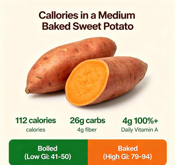 Infographic showing calories, nutrition facts, glycemic index, cooking method impacts and BMI-based portion sizes for baked sweet potatoes with skin