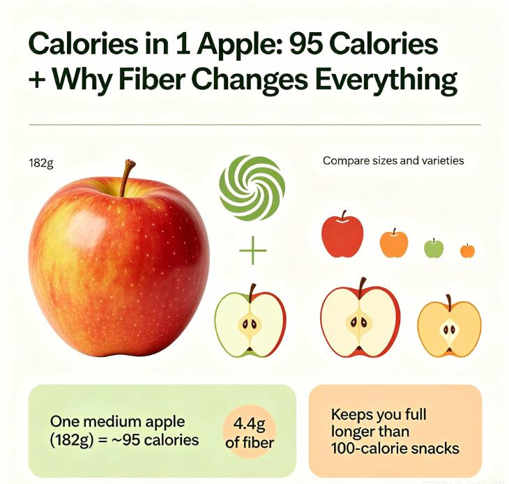 Infographic showing calories in one apple by size & variety, 95 calorie medium apple fiber nutrition breakdown for US weight loss diet