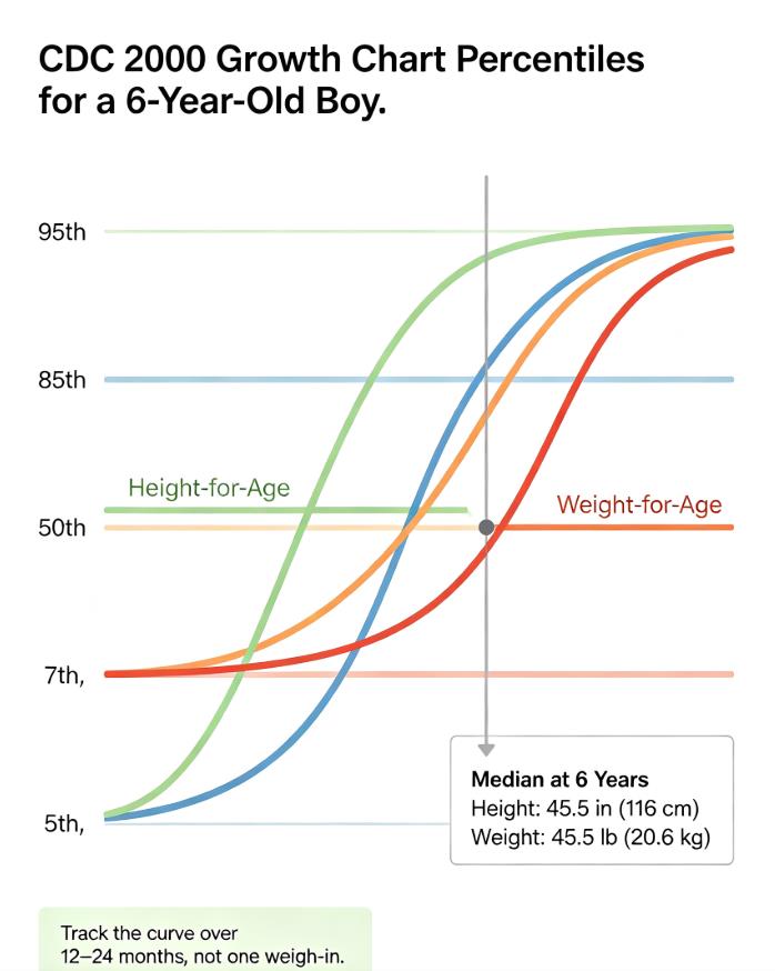CDC growth chart infographic for 6-year-old boy showing height and weight percentiles