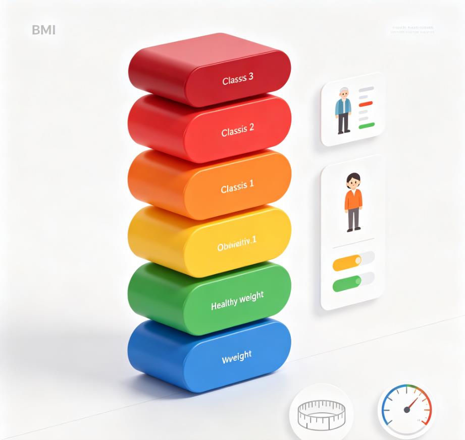 CDC adult BMI categories chart: underweight below 18.5, healthy 18.5 to 24.9, overweight 25 to 29.9, obesity 30+, severe obesity 40+