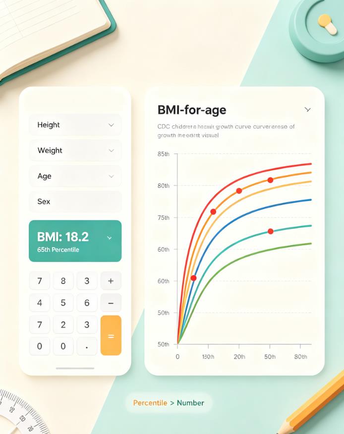 Child BMI calculator interface showing CDC growth chart percentiles for ages 2-19, highlighting why the 65th percentile is a healthy range based on age and sex