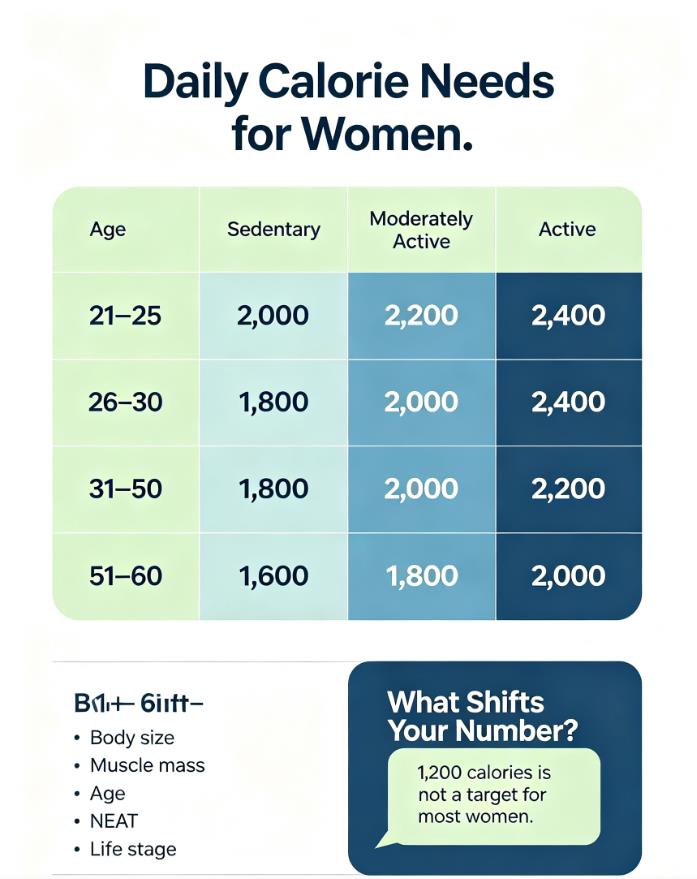 Calorie intake for women infographic: USDA daily calorie needs by age and activity level, with a warning that 1,200 calories is too low for most women.