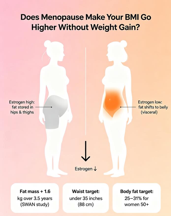 How menopause raises BMI without weight gain: estrogen loss shifts fat to belly. Track waist and body fat, not just scale.