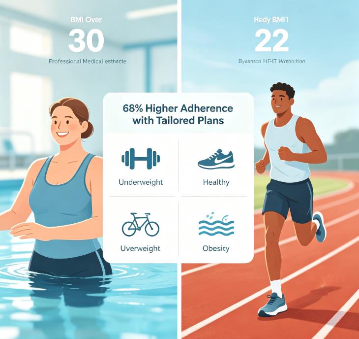 Infographic comparing joint-safe exercise routines across BMI ranges: low-impact water aerobics for obesity, walking for overweight, and high-intensity training for healthy weight. Infographic comparing joint-safe exercise routines across BMI ranges: low-impact water aerobics for obesity, walking for overweight, and high-intensity training for healthy weight.