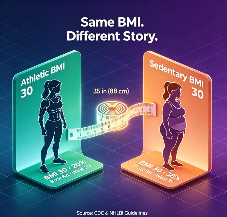Visual comparison of two women with the same BMI of 30 but different body fat levels and waist measurements, highlighting why waist size matters more than BMI alone.